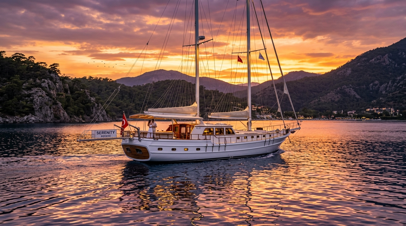 Gün batımında Fethiye körfezinde yat