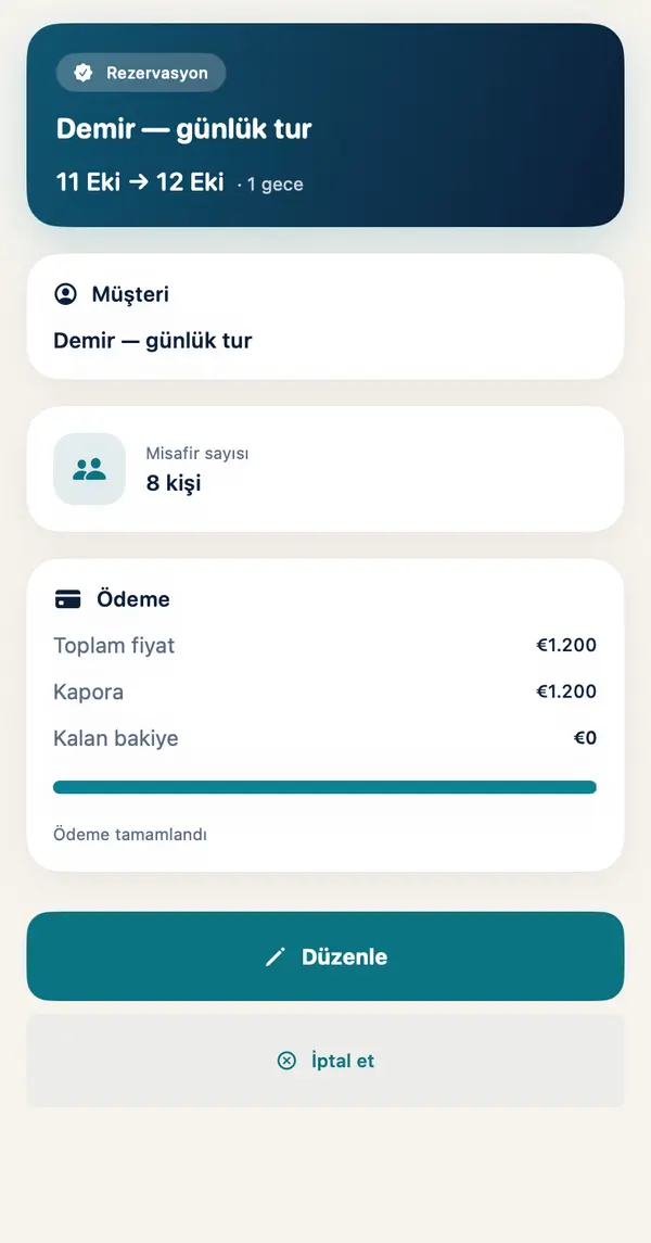 Toravio Owner rezervasyon detayı: müşteri, misafir sayısı, toplam fiyat, kapora ve kalan bakiye